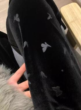 蝴蝶印花黑色裤子女秋冬2024新款加绒加厚美式高街宽松直筒阔腿裤