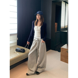 素花边腰头拼接设计感女秋抽绳高腰宽松休闲裤 条纹元 OPENING法式