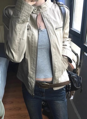 SUNONEONE 美式复古立领做旧短款正肩夹克女早秋新款上衣牛仔外套