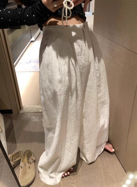 慵懒老钱风白色亚麻阔腿裤女夏高腰宽松显瘦垂感休闲直筒拖地长裤