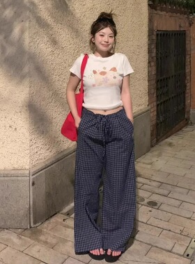 JAMUUS夏日限定复古薄款蓝色格子休闲裤女高腰透气宽松阔腿裤子