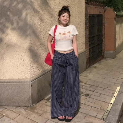 JAMUUS夏日限定复古薄款蓝色格子休闲裤女高腰透气宽松阔腿裤子