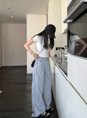 韩版hiphop蓝色波点条纹阔腿裤女夏季薄款宽松显瘦直筒休闲长裤潮