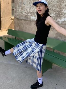 laugh out loud清新大蓝格一片式百褶可调节半身裙夏季高品质中裙