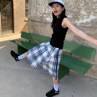 百褶可调节半身裙夏季 loud清新大蓝格一片式 高品质中裙 out laugh