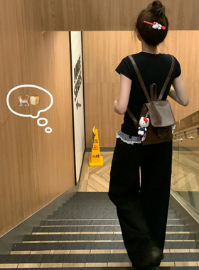 黑色设计感双腰头假两件拼接蕾丝花边休闲裤女新款夏季宽松阔腿裤