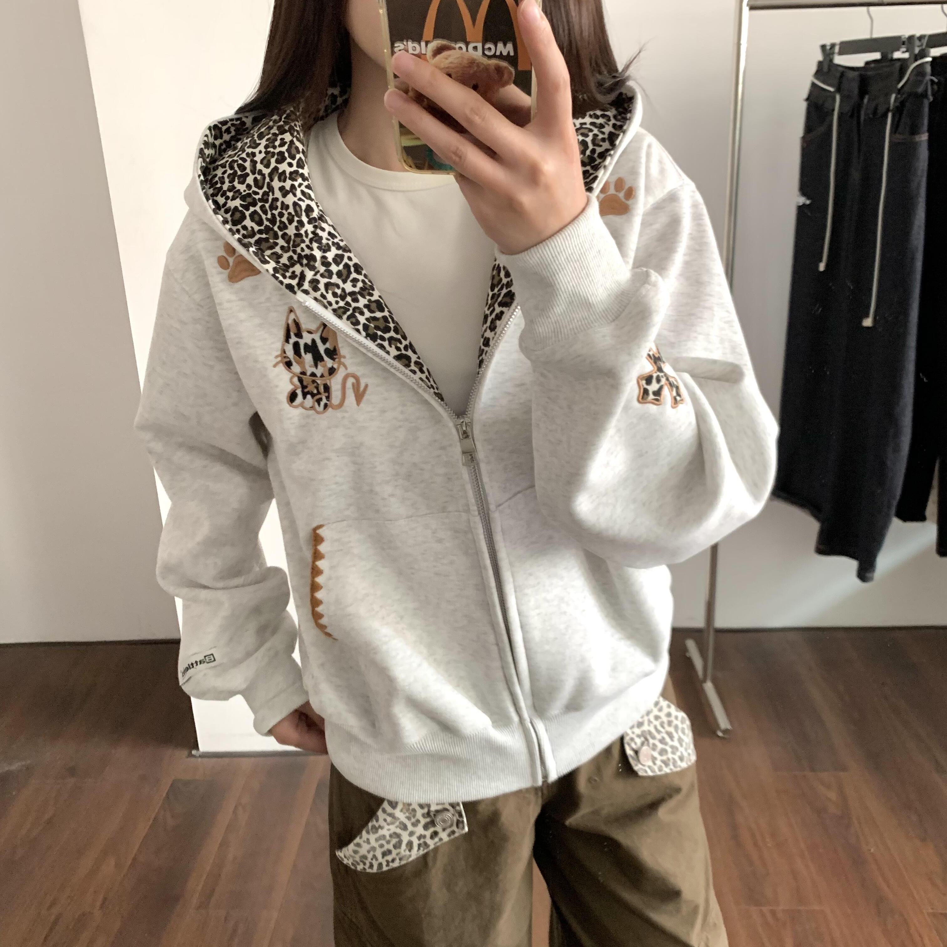 SREK 美式复古豹纹连帽卫衣外套女秋季穿搭立耳拉链帽衫宽松上衣