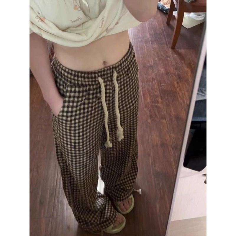 美式复古棕色毛呢格子裤子女秋冬2024新款宽松百搭休闲直筒阔腿裤
