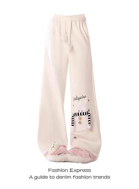 新年氛围小雪人灯芯绒休闲裤女春秋2025新款卫裤子阔腿拖地长裤子