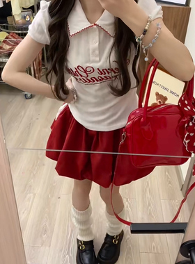 甜酷辣妹红色花苞短裙女夏季新款设计感小众收腰显瘦百搭蓬蓬裙潮