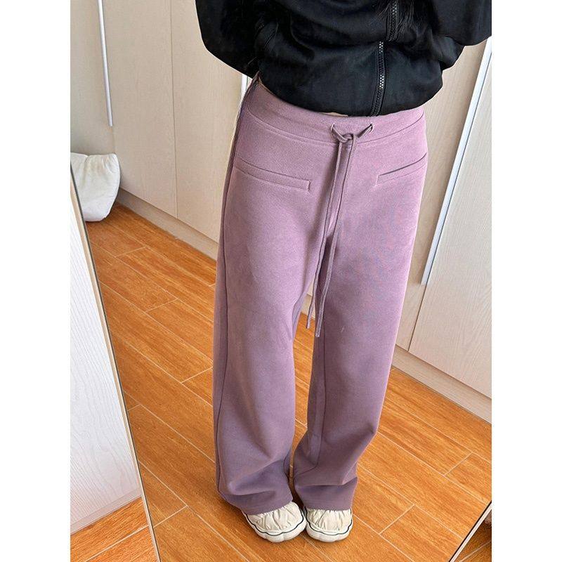 紫色直筒加绒运动卫裤子女秋冬2024新款高级感休闲显瘦窄版阔腿裤