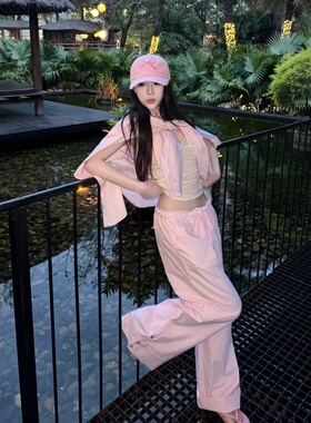 rjvo 粉色条纹阔腿裤女夏小众设计感蕾丝花边拼接宽松直筒休闲裤