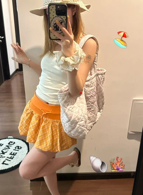 美式复古橙色格纹花苞短裙女2025夏季多巴胺甜辣妹运动绑带半身裙