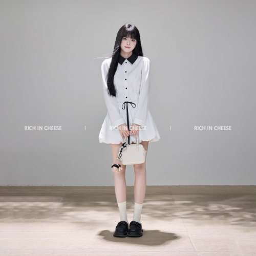 撞色肌理感POLO衬衫收腰连衣裙