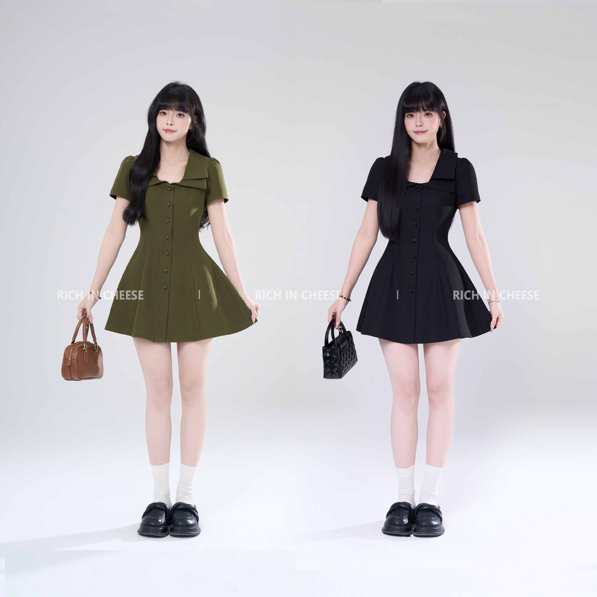 叠领设计感气质收腰连衣裙女夏