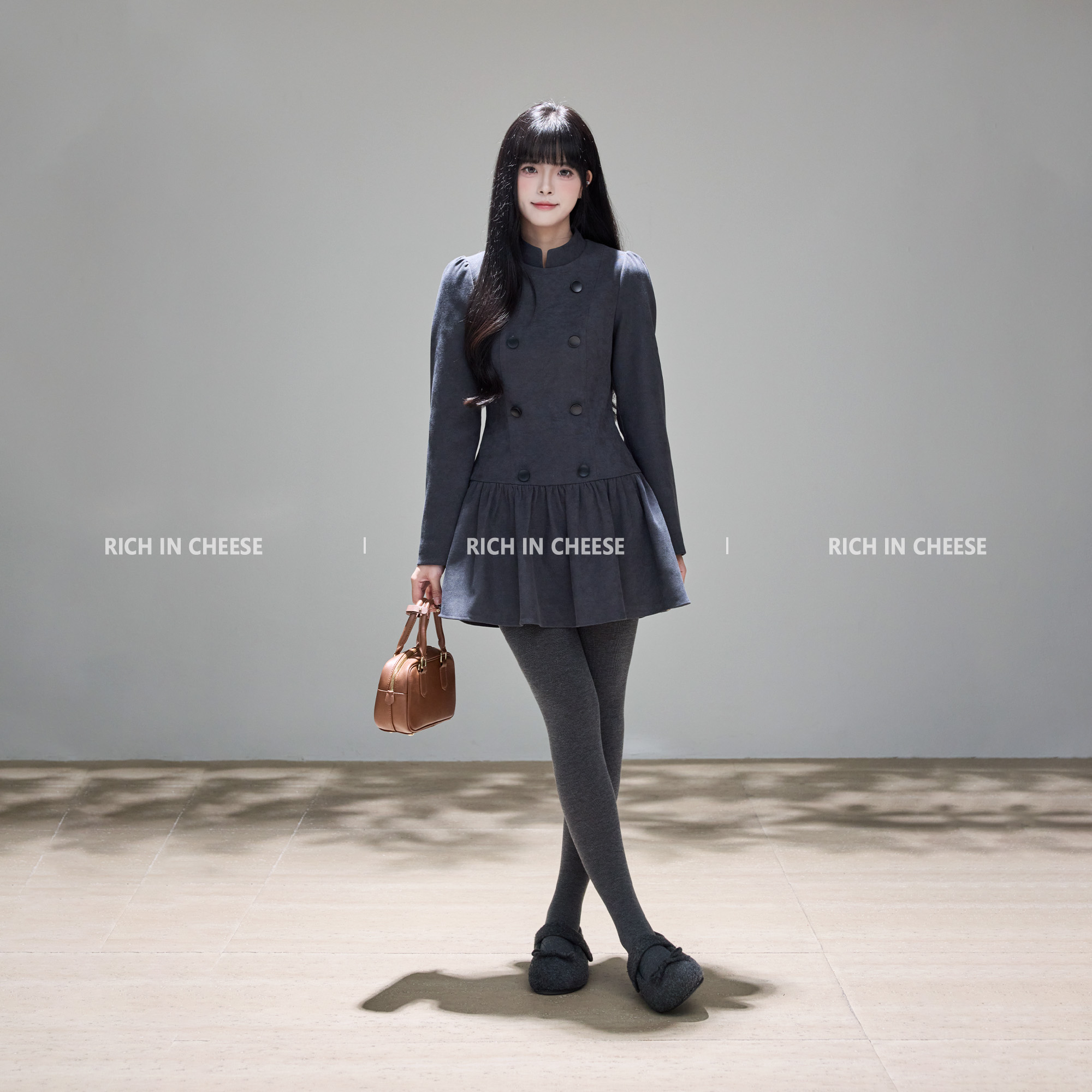 简约磨毛双排扣设计收腰连衣裙