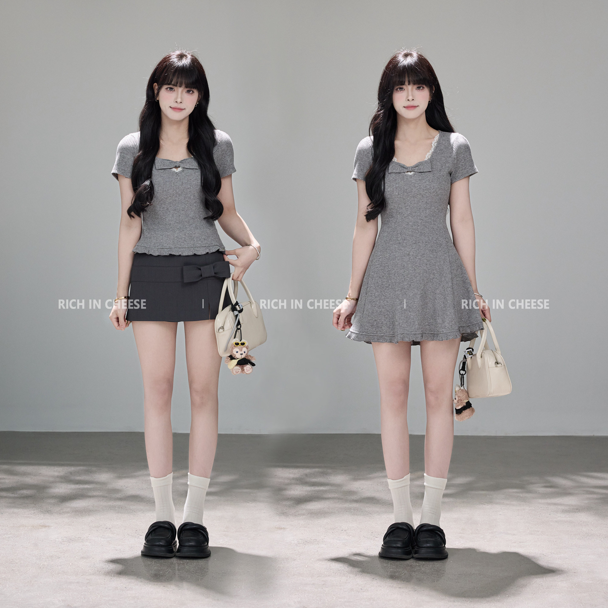 RICHINCHEESE 慕斯情书 法式V领蝴蝶结蕾丝针织弹力收腰连衣裙