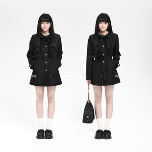 RICHINCHEESE 南坪晚风 秋冬千金风系带黑色高级设计显瘦风衣外套