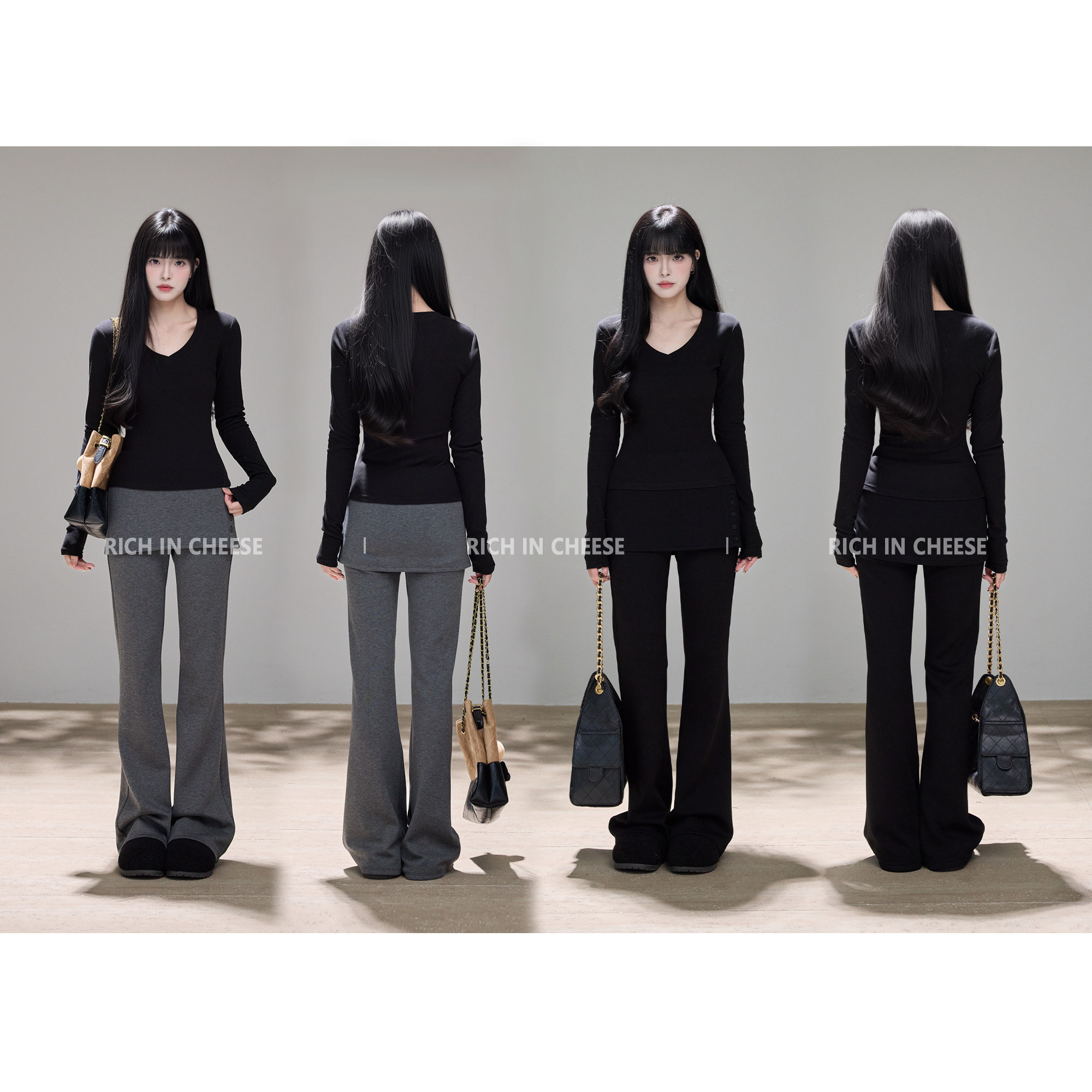 RICHINCHEESE 梨形定制 秋冬简约V领磨毛T设计感假两件微喇裤套装,女装/女士精品,时尚套装,淘宝优惠券,粉丝福利购,淘宝优惠卷