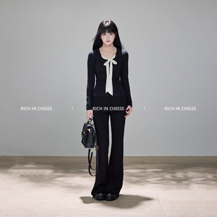 版 薄款 波点绑带长袖 假两件微喇裤 RICHINCHEESE 套装 梨形定制