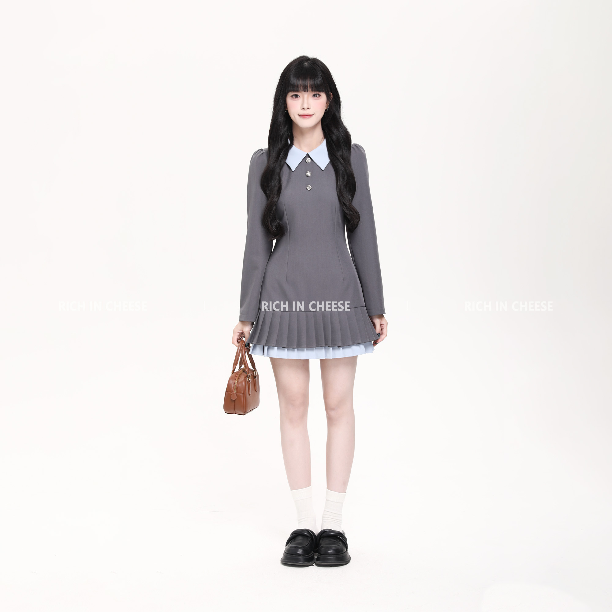 假两件POLO领双褶拼接显瘦连衣裙