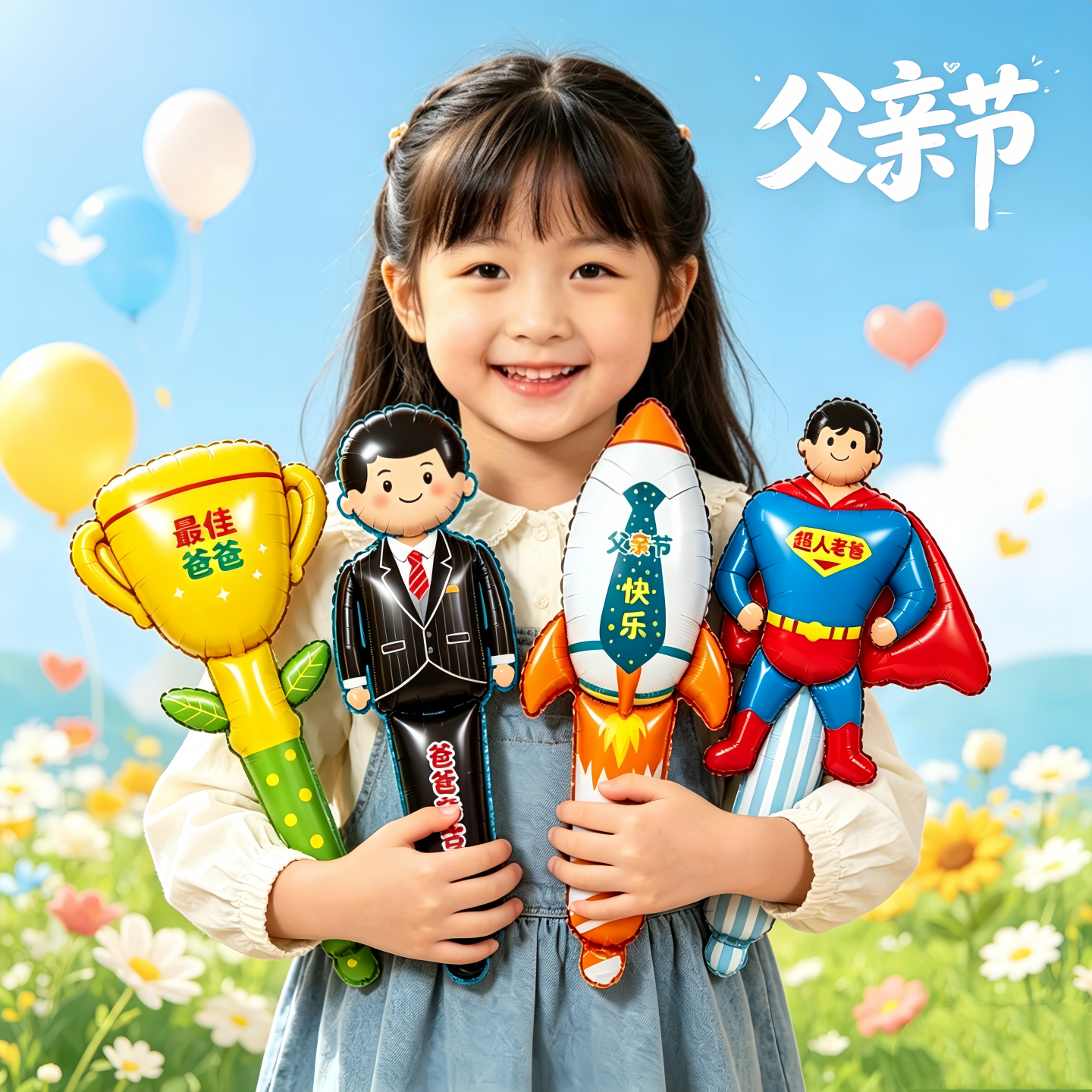 父亲节手持超人爸爸气球幼儿园送父亲爸爸奖杯奖状气球小礼物礼品