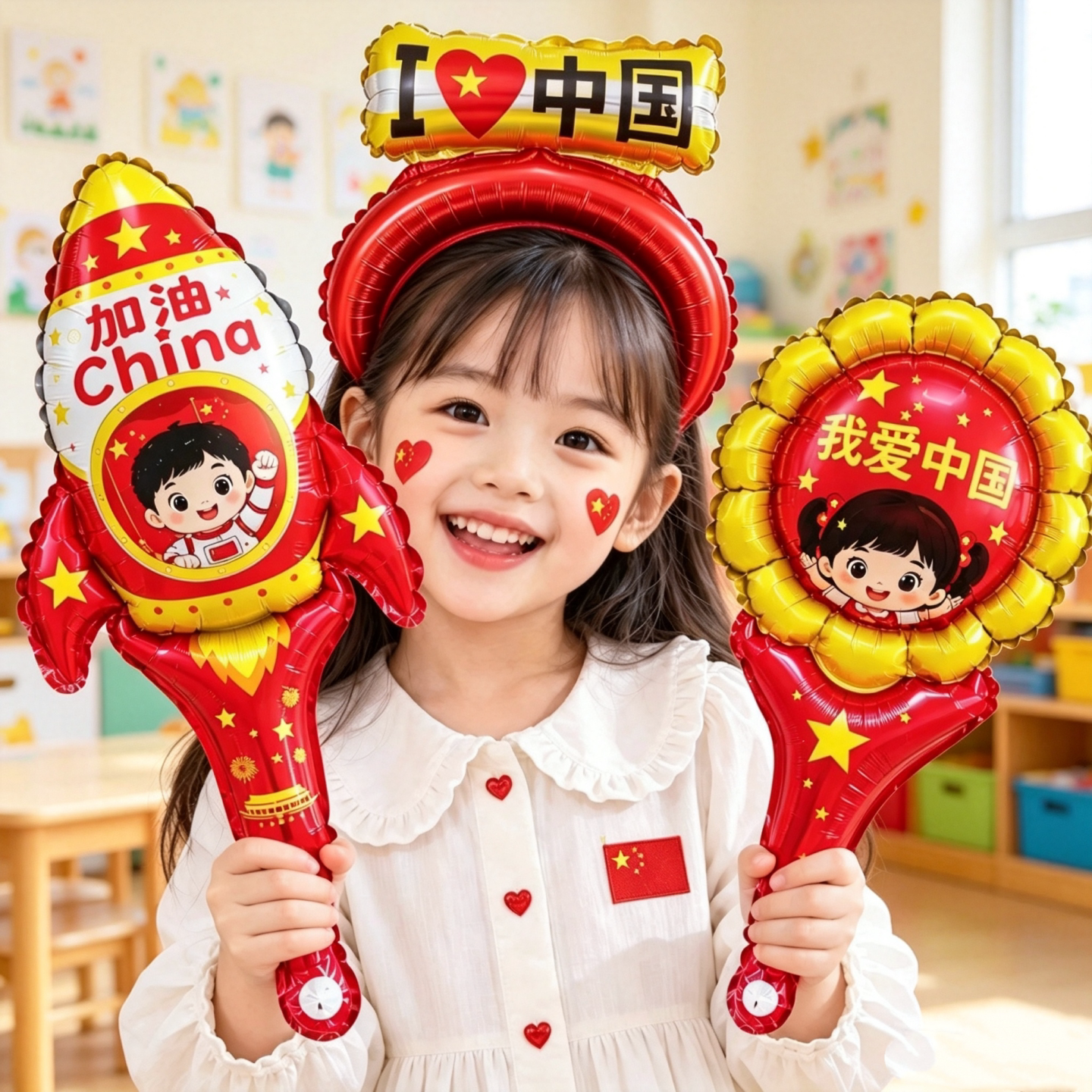10.1国庆节红色手持棒火箭小花旗子气球幼儿园布置装饰学校小礼品