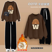 女2024学院风搭配一整套阔腿裤 冬季 学生卫衣加绒加厚套装 两件套秋