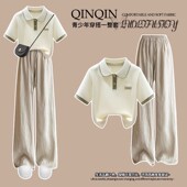 旅游小个子两件套Polo衫 冰丝直筒裤 短袖 穿搭运动装 t恤女 2025夏季