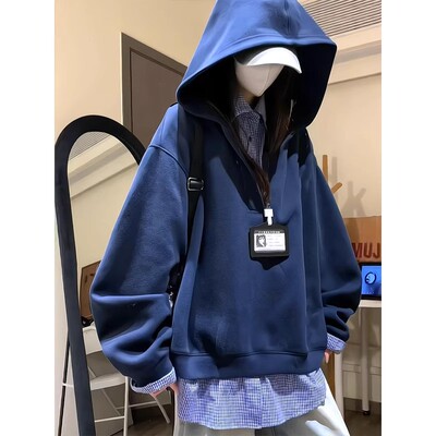 藏青色连帽卫衣女早秋套头