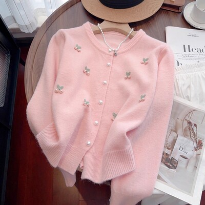 粉色针织衫长袖外套甜美刺绣毛衣