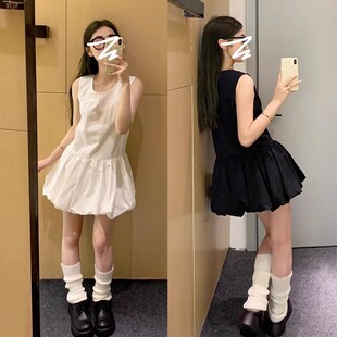 小个子白色无袖背心连衣裙子女夏季2025新款气质花苞蓬蓬a字短裙