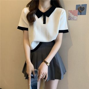 学生AJ百褶裙套装 t恤两件套潮 女2023夏季 韩系黑白拼色Polo领短袖