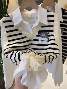 衬衫 女学生套装 宽松长袖 韩版 针织条纹马甲背心两件套潮 2023春季