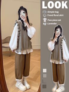 三件套 针织马甲外穿百搭阔腿裤 早秋套装 胖妹妹女学院风盐系衬衫
