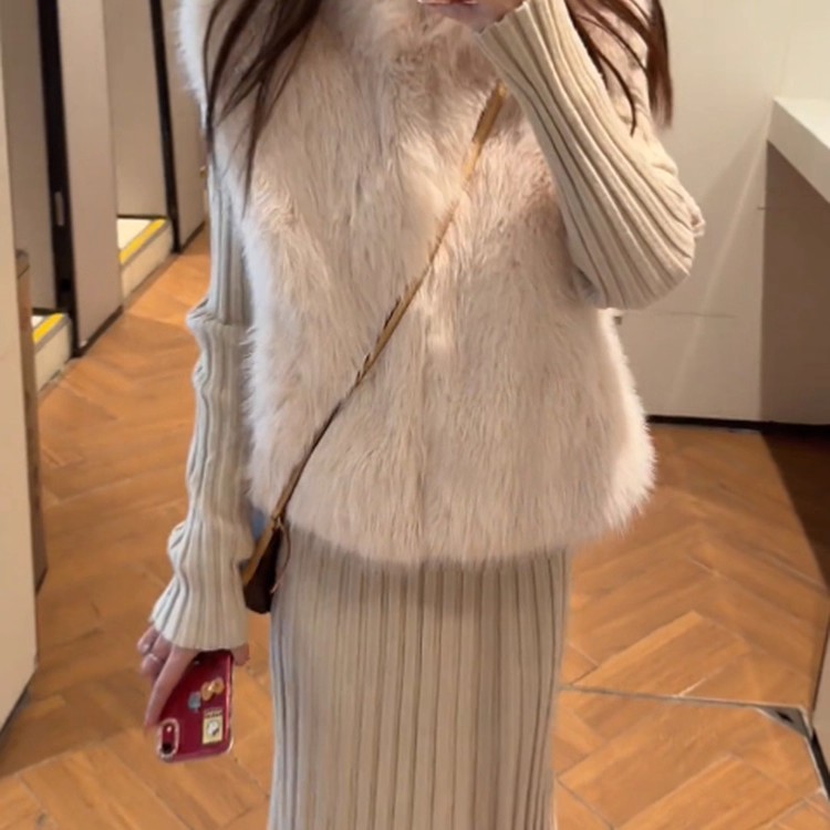 无袖立领皮草马甲外套