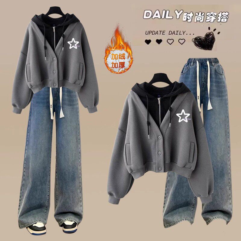 少女秋冬加绒运动套装初中高中学生时尚洋气连帽卫衣休闲裤两件套