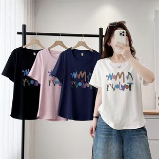 新款 宽松遮肚显瘦字母印花T恤衫 大码 200斤微胖mm韩版 上衣 女装 夏季