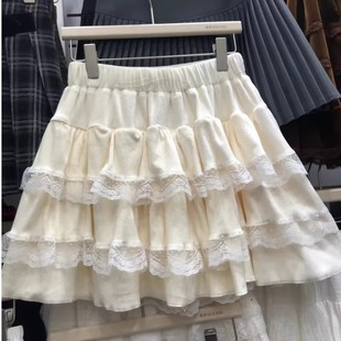秋冬甜美芭蕾风半身蓬蓬裙蕾丝蛋糕短裙女富家千金仙女双面绒裙子