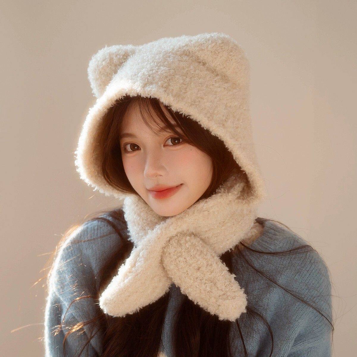 冬季围脖一体帽可爱纯色小熊耳朵