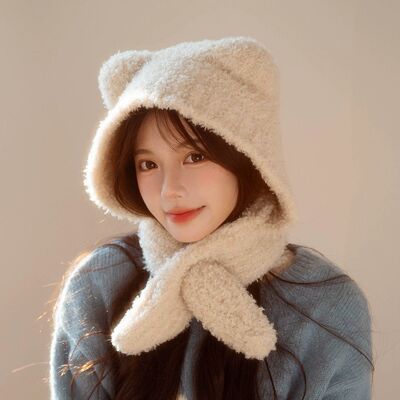 冬季围脖一体帽可爱纯色小熊耳朵