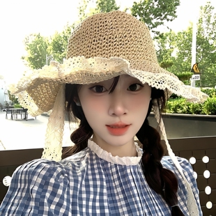 批发-韩版多巴胺蕾丝系带镂空草编帽女夏出游防晒沙滩太阳帽