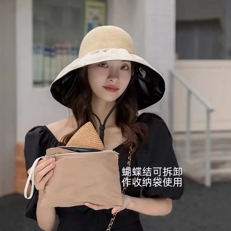 帽子女夏季网红太阳帽大檐防紫外线渔夫黑胶帽韩版遮阳遮脸防晒帽