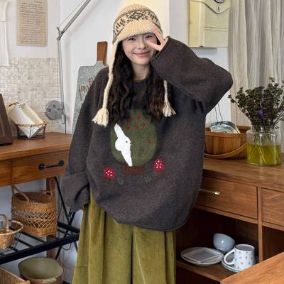 大码女装胖mm秋冬韩版宽松显瘦软糯提花针织毛衣+灯芯绒裤子套装