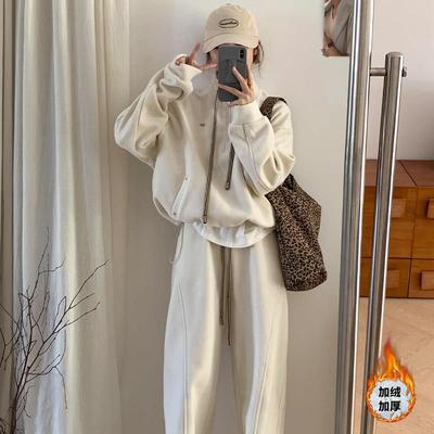 慵懒风羊绒卫衣套装女秋冬新款韩系加绒加厚阔腿裤休闲运动两件套