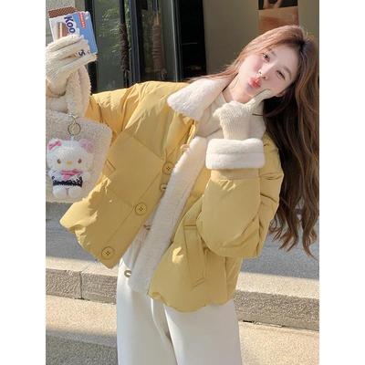 羊羔毛领拼接短款羽绒服女冬装2025新款宽松显瘦小个子高级感外套