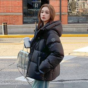 百搭气质加厚连帽外套 学院风黑色保暖羽绒棉服女胖mm时尚 大码 女装