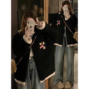 300斤大码 黑色加厚保暖棉服外套女胖mm卡通刺绣减龄百搭上衣 女装
