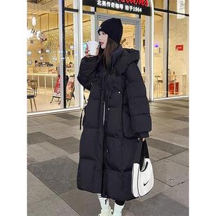 黑色棉衣棉服女韩版 中长款 加厚保暖连帽外套大衣棉袄 女装 胖mm大码