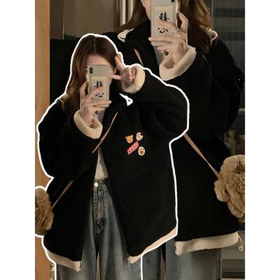 大码女装胖mm黑色羊羔毛外套女冬季学生加厚保暖显瘦拼色棉服上衣